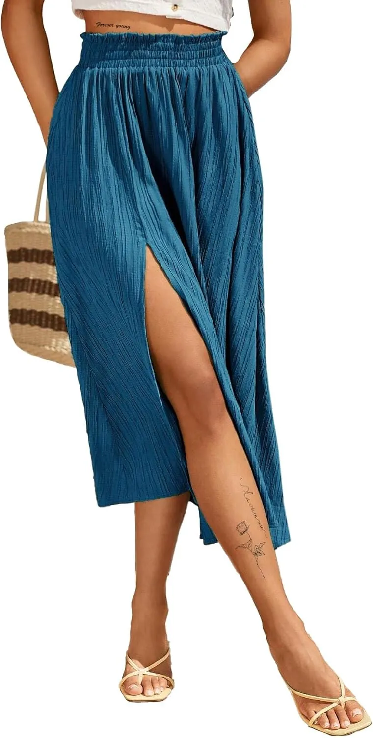 Avanova Women Slit Split High Waist Pleated Long Skirt Elastic Flowy Midi Skirt