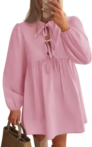 Babydoll Dress Women Crewneck Puff Long Sleeve Tie Front Dresses Waist Ruffle Tiered A Line Swing Tunic Mini Dress