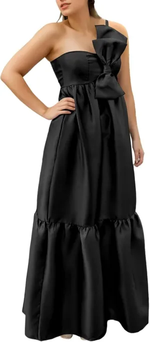 BANTRATIC One Shoulder Bridesmaid Dresses with Bow Pocket Empire Waist Maternity Dresses Formal Wedding Guest Party Gown
