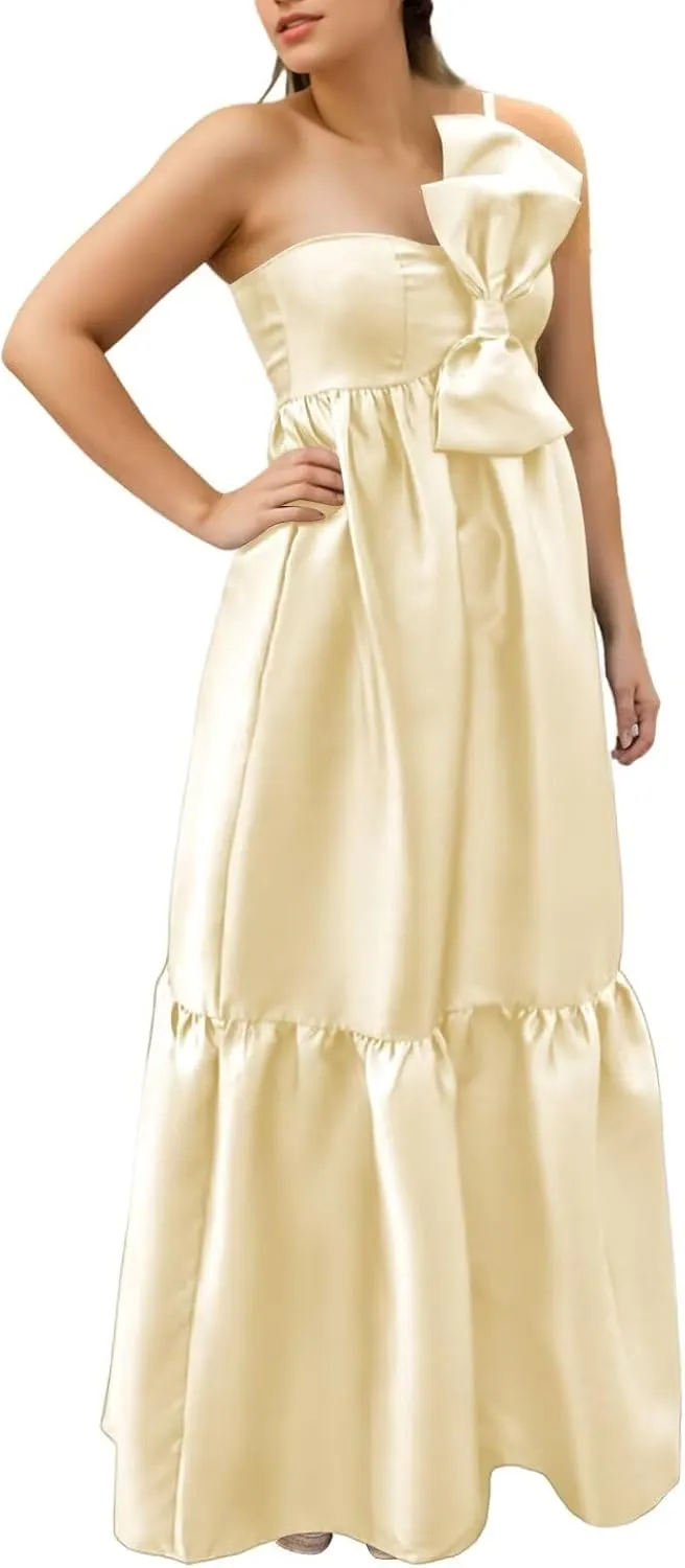 BANTRATIC One Shoulder Bridesmaid Dresses with Bow Pocket Empire Waist Maternity Dresses Formal Wedding Guest Party Gown