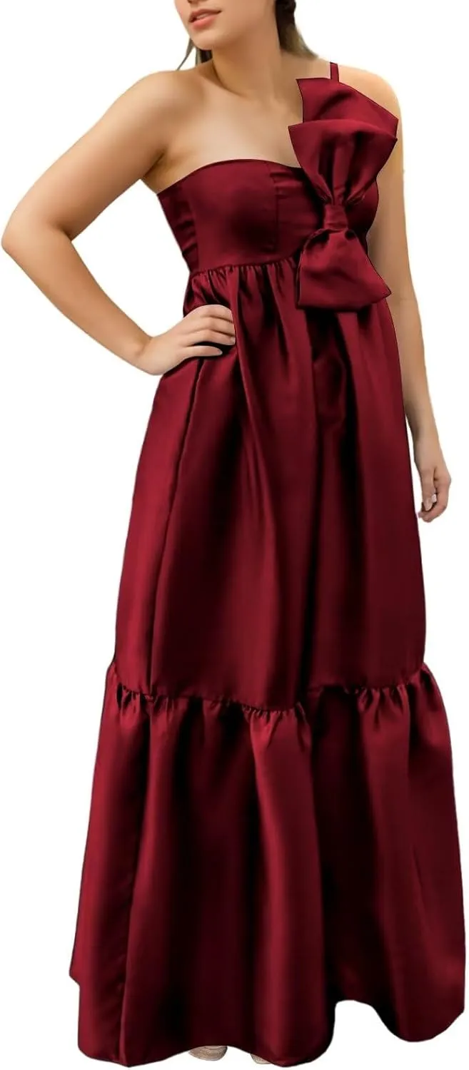 BANTRATIC One Shoulder Bridesmaid Dresses with Bow Pocket Empire Waist Maternity Dresses Formal Wedding Guest Party Gown
