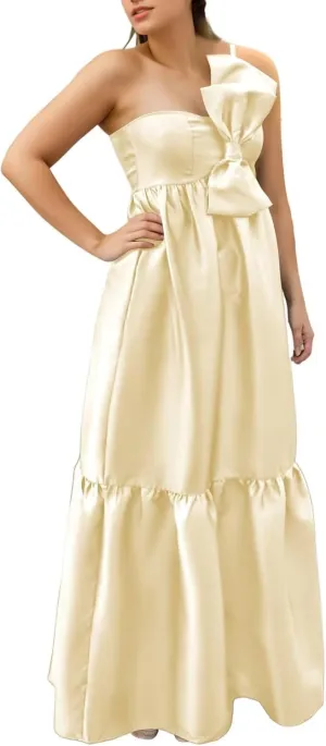 BANTRATIC One Shoulder Bridesmaid Dresses with Bow Pocket Empire Waist Maternity Dresses Formal Wedding Guest Party Gown