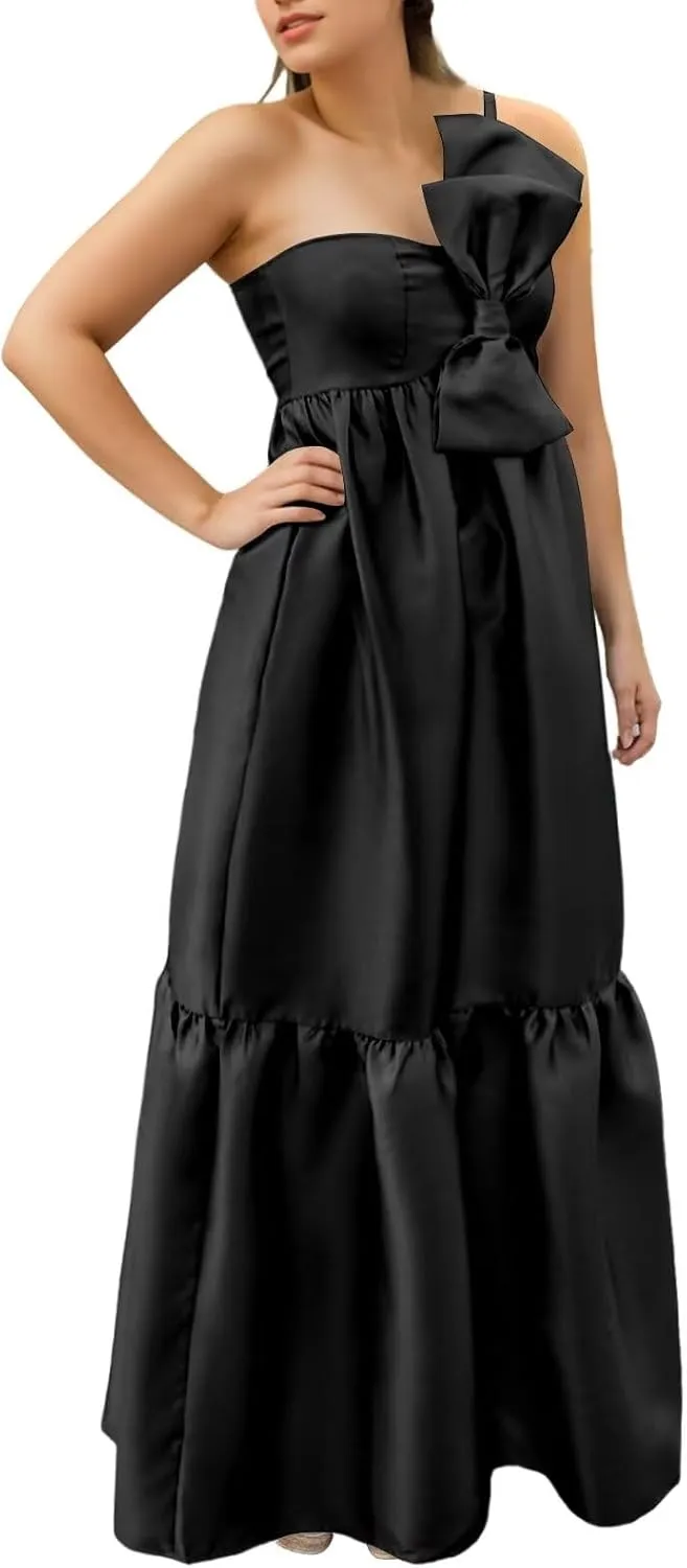 BANTRATIC One Shoulder Bridesmaid Dresses with Bow Pocket Empire Waist Maternity Dresses Formal Wedding Guest Party Gown
