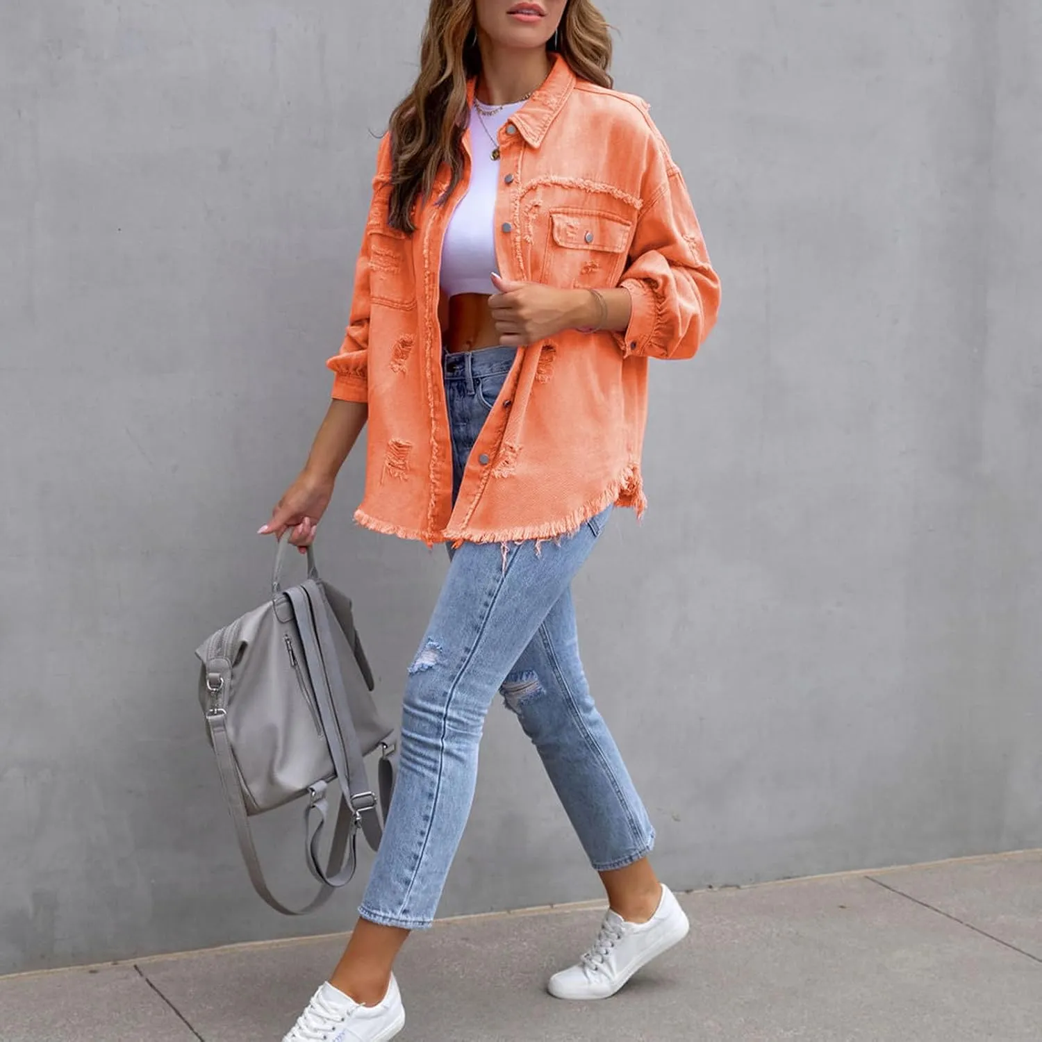 Beeuthios Womens Jean Jackets Trendy Classic Lapel Button Down Up Distressed Ripped Trucker Coats Denim Jackets