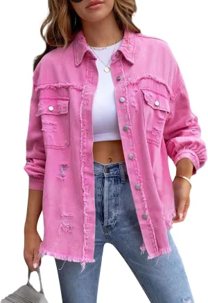 Beeuthios Womens Jean Jackets Trendy Classic Lapel Button Down Up Distressed Ripped Trucker Coats Denim Jackets