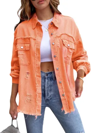Beeuthios Womens Jean Jackets Trendy Classic Lapel Button Down Up Distressed Ripped Trucker Coats Denim Jackets