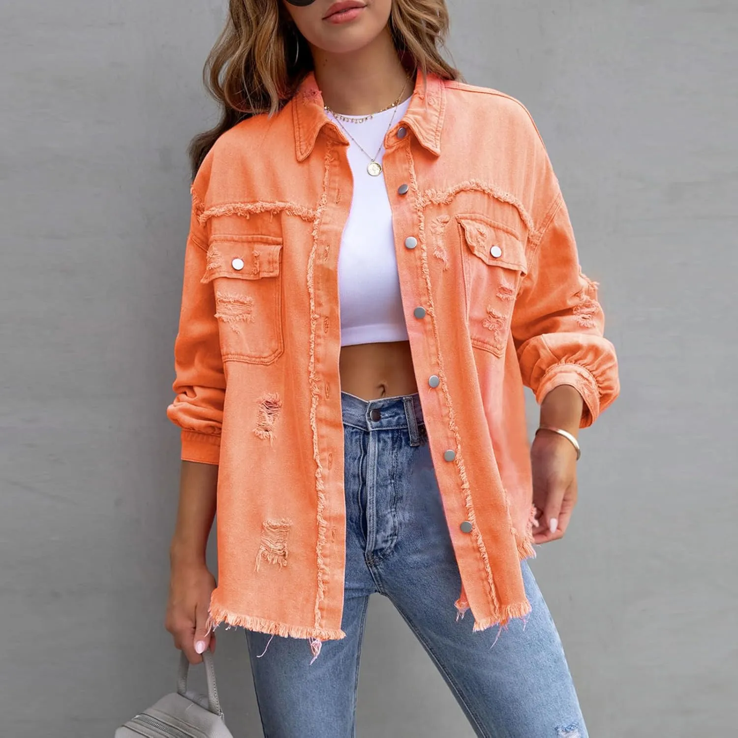 Beeuthios Womens Jean Jackets Trendy Classic Lapel Button Down Up Distressed Ripped Trucker Coats Denim Jackets