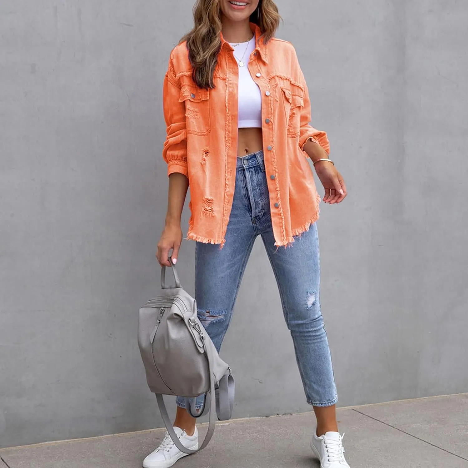 Beeuthios Womens Jean Jackets Trendy Classic Lapel Button Down Up Distressed Ripped Trucker Coats Denim Jackets