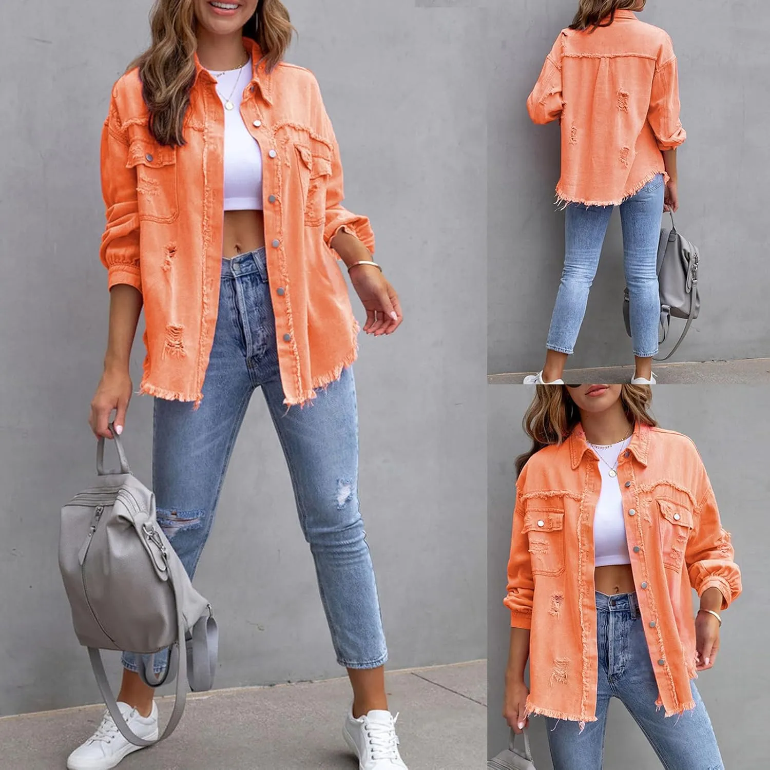 Beeuthios Womens Jean Jackets Trendy Classic Lapel Button Down Up Distressed Ripped Trucker Coats Denim Jackets