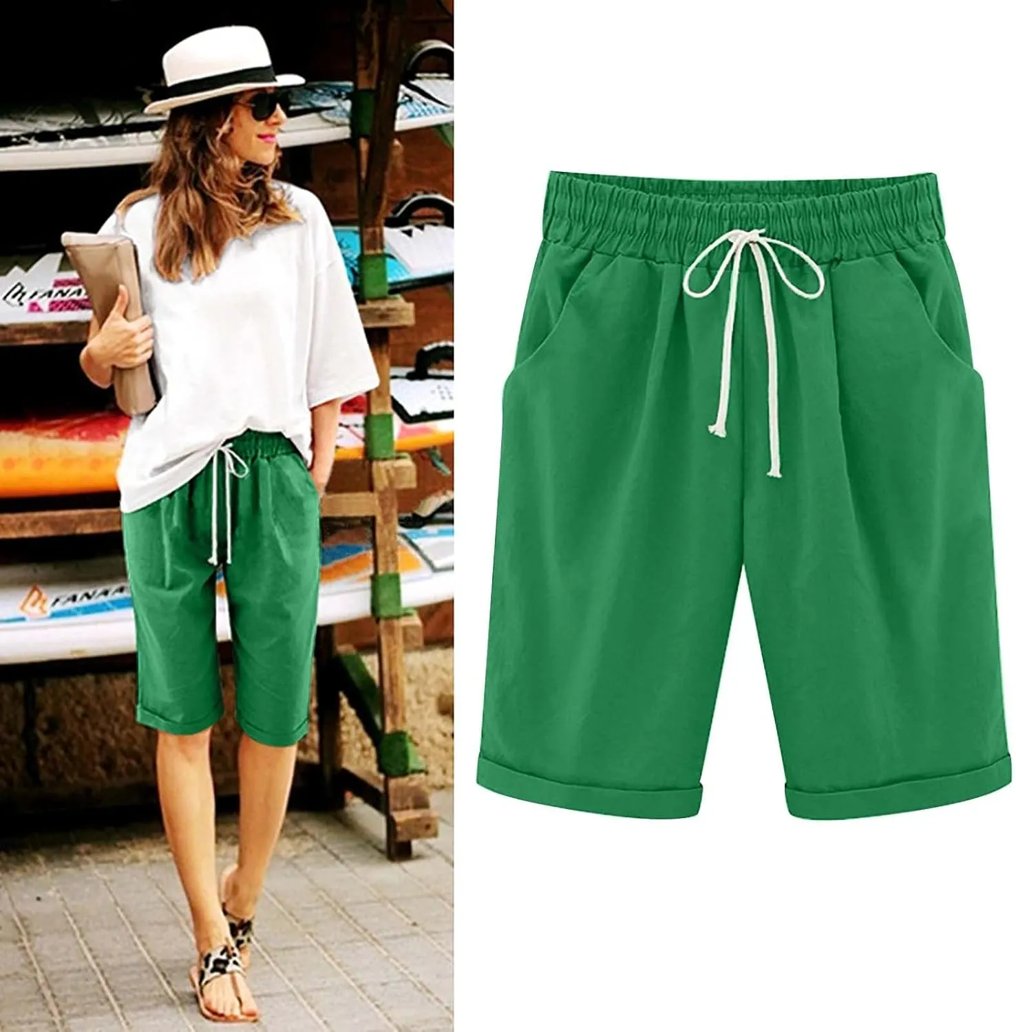 Bermuda Shorts for Women 2025 Casual Summer Beach Drawstring Shorts with Pocket Knee Length Loose Cute Vacation Short