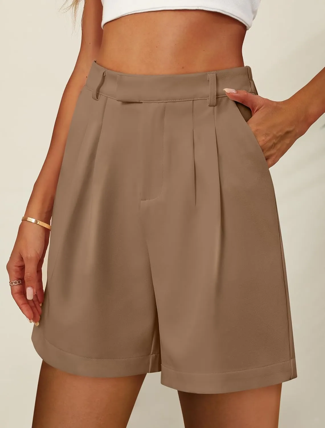 Bermuda Shorts for Women Dressy Casual High Waisted Summer Work Elastic Waist Pleated Dress Shorts with Pockets