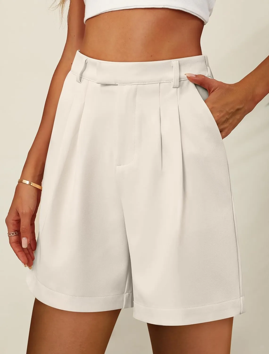 Bermuda Shorts for Women Dressy Casual High Waisted Summer Work Elastic Waist Pleated Dress Shorts with Pockets