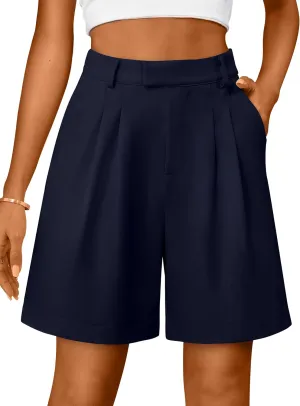 Bermuda Shorts for Women Dressy Casual High Waisted Summer Work Elastic Waist Pleated Dress Shorts with Pockets