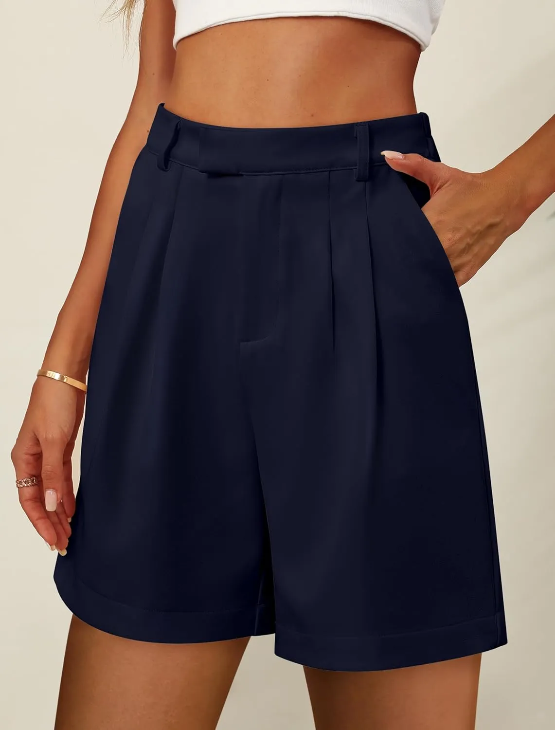 Bermuda Shorts for Women Dressy Casual High Waisted Summer Work Elastic Waist Pleated Dress Shorts with Pockets