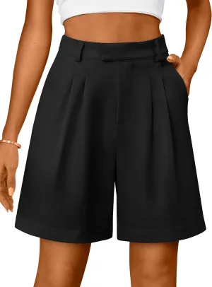 Bermuda Shorts for Women Dressy Casual High Waisted Summer Work Elastic Waist Pleated Dress Shorts with Pockets