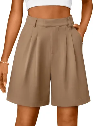 Bermuda Shorts for Women Dressy Casual High Waisted Summer Work Elastic Waist Pleated Dress Shorts with Pockets