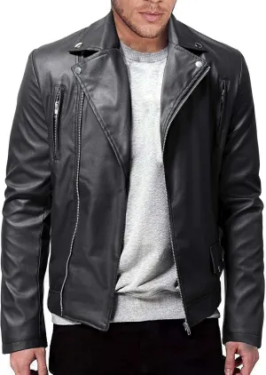 Black Classic Brando Jacket for Men Zip PU Leather Jacket Short Lapel Motorcycle Leather Jacket Coat Faux Leather