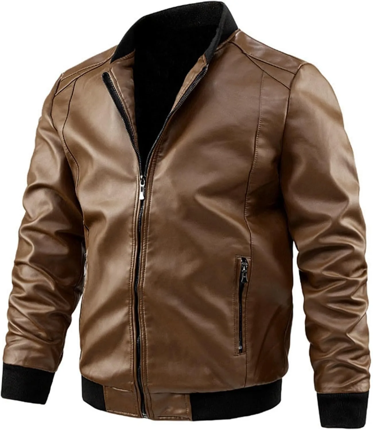 Black Classic Brando Jacket for Men Zip PU Leather Jacket Short Lapel Motorcycle Leather Jacket Coat Faux Leather