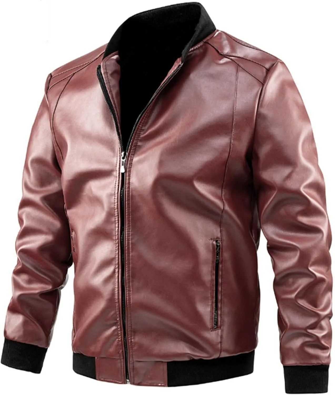 Black Leather Jacket Men Solid Color Zip PU Leather Jacket Short Lapel Motorcycle Leather Jacket Leather Jacket