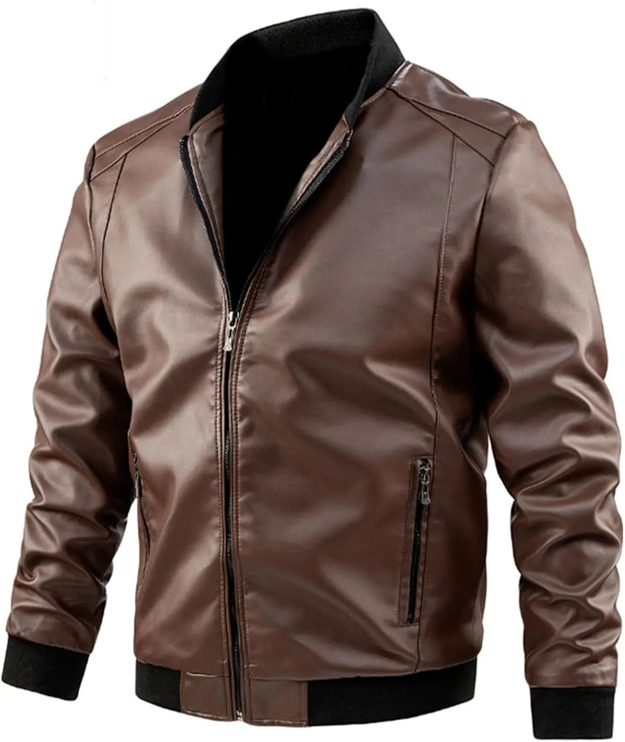 Black Leather Jacket Men Solid Color Zip PU Leather Jacket Short Lapel Motorcycle Leather Jacket Leather Jacket