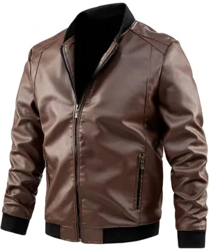Black Leather Jacket Men Solid Color Zip PU Leather Jacket Short Lapel Motorcycle Leather Leather Motorcycle Jacket