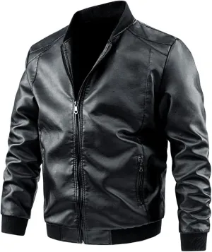 Black Leather Jacket Men Solid Color Zip PU Leather Jacket Short Lapel Motorcycle Leather Leather Motorcycle Jacket
