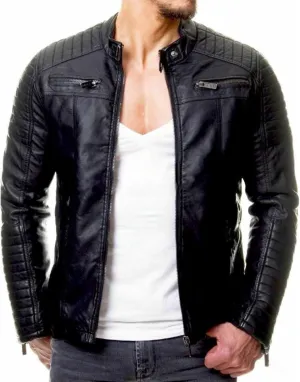 Black Leather Jacket Men Solid Color Zip PU Leather Jacket Short Lapel Motorcycle Leather Leather Motorcycle Jacket