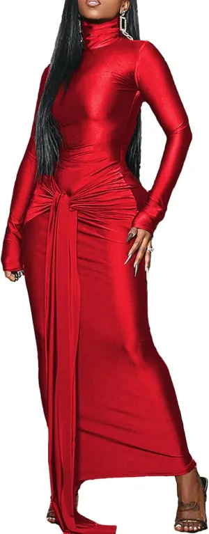 Bluewolfsea Women Casual Basic Long Sleeve Turtleneck Bodycon Maxi Dress Long Formal Evening Party Dresses