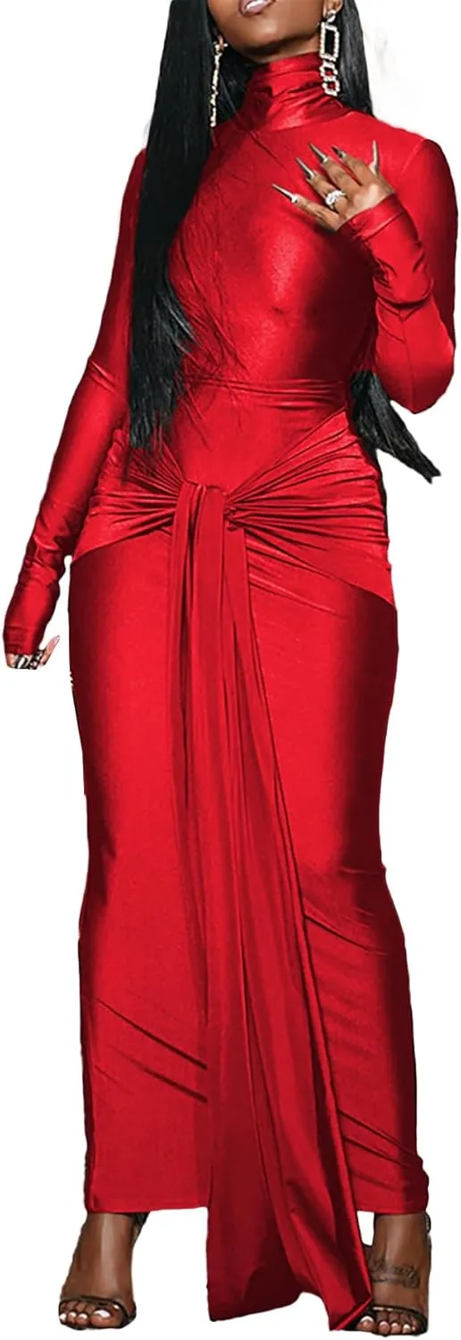 Bluewolfsea Women Casual Basic Long Sleeve Turtleneck Bodycon Maxi Dress Long Formal Evening Party Dresses