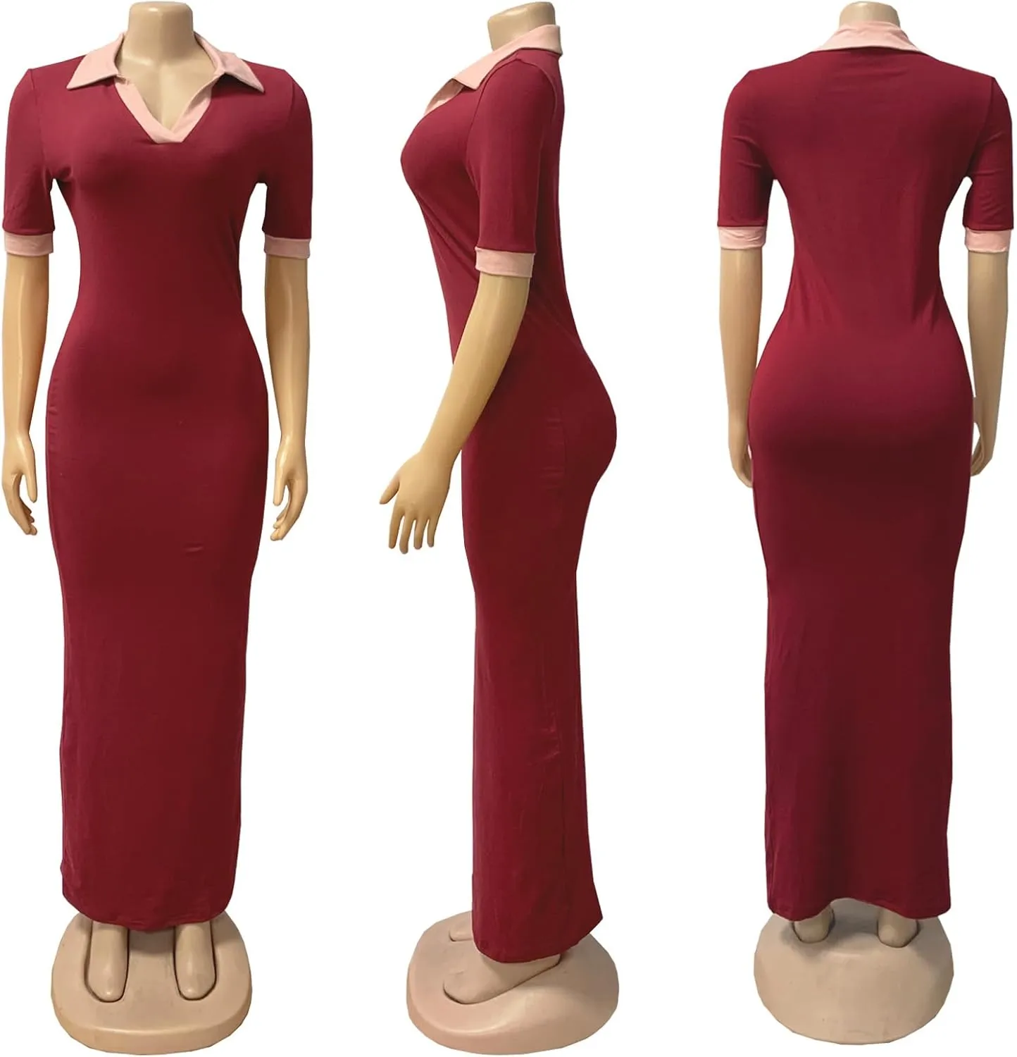 Bluewolfsea Women Summer Contrast Color V Neck Short Sleeve Bodycon Maxi Dress Lounge Long Party Dressess