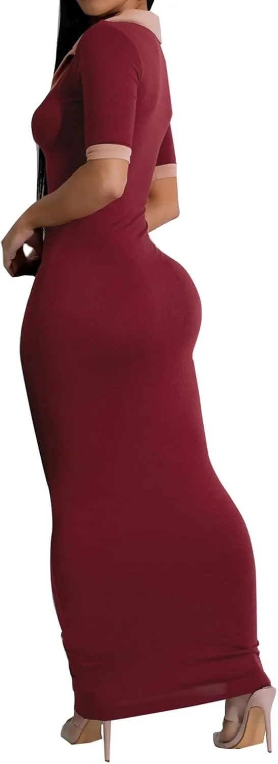 Bluewolfsea Women Summer Contrast Color V Neck Short Sleeve Bodycon Maxi Dress Lounge Long Party Dressess