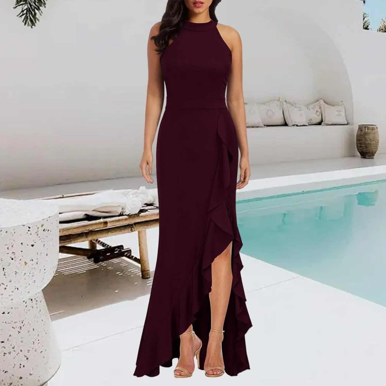 Bodycon Maxi Dress for Women Scoop Neck Sleeveless Sexy Dresses Elegant Split Mermaid Evening Cocktail Long Dress