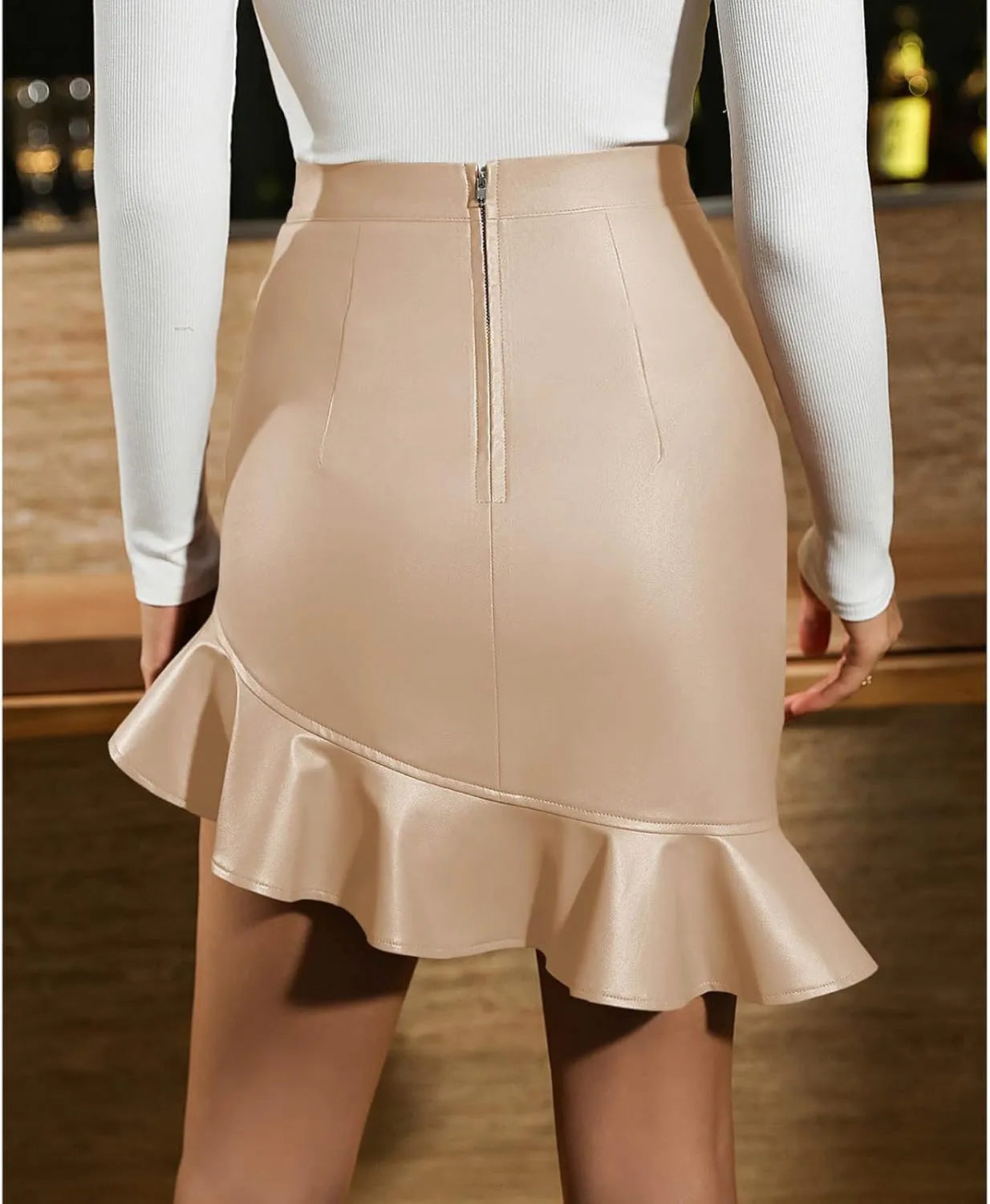 Bodycon Mini Skirts for Women Faux Leather Skirt High Waisted Ruffle Hem Skirt