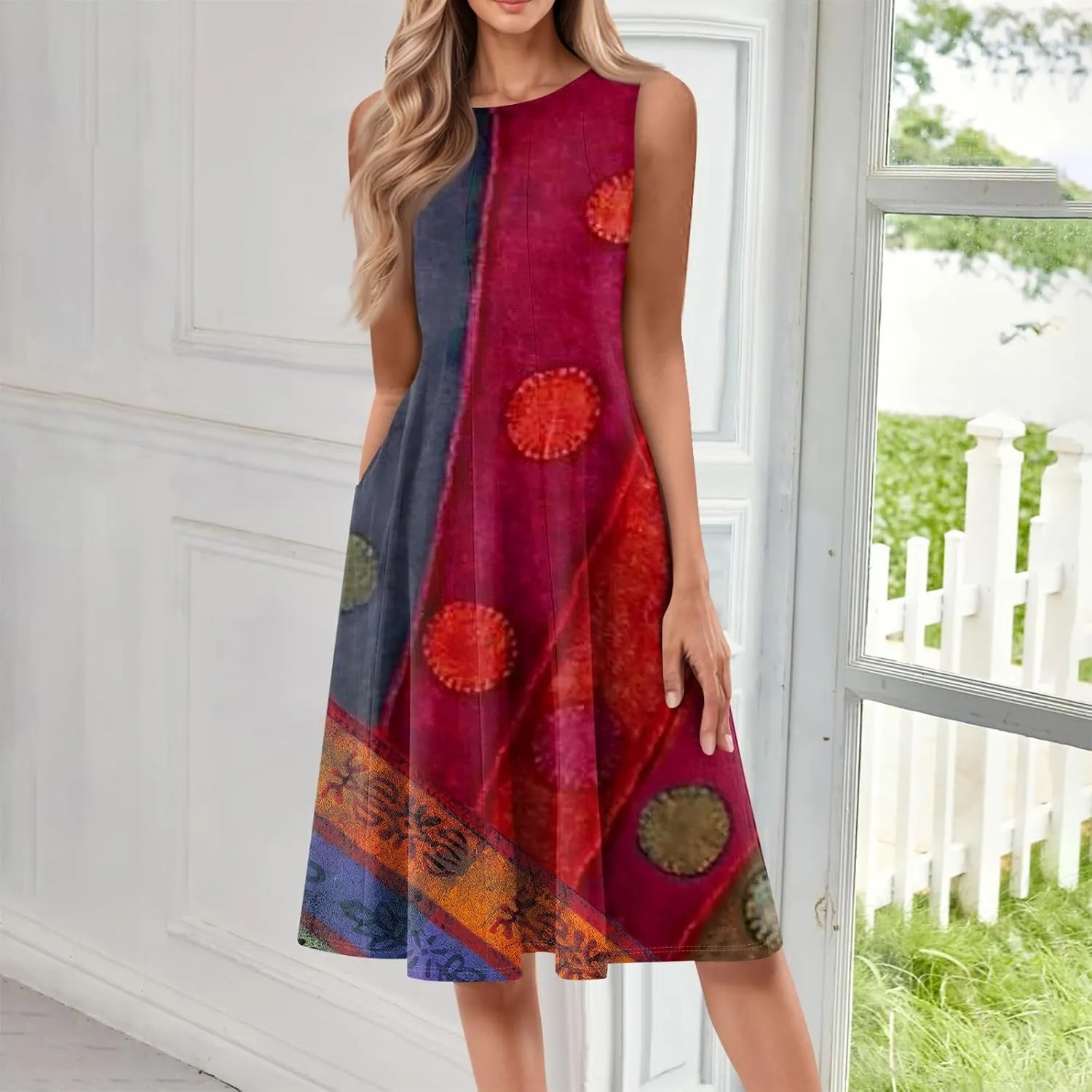 Boho Dress Summer Tank Top Dresses Sun Dresses Smocked Sleeveless Floral Dress Elegant Ruched Midi with Pocket