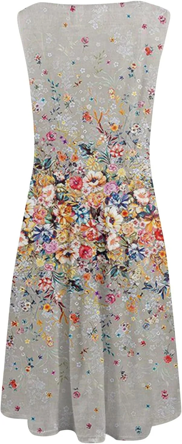 Boho Dress Summer Tank Top Dresses Sun Dresses Smocked Sleeveless Floral Dress Elegant Ruched Midi with Pocket