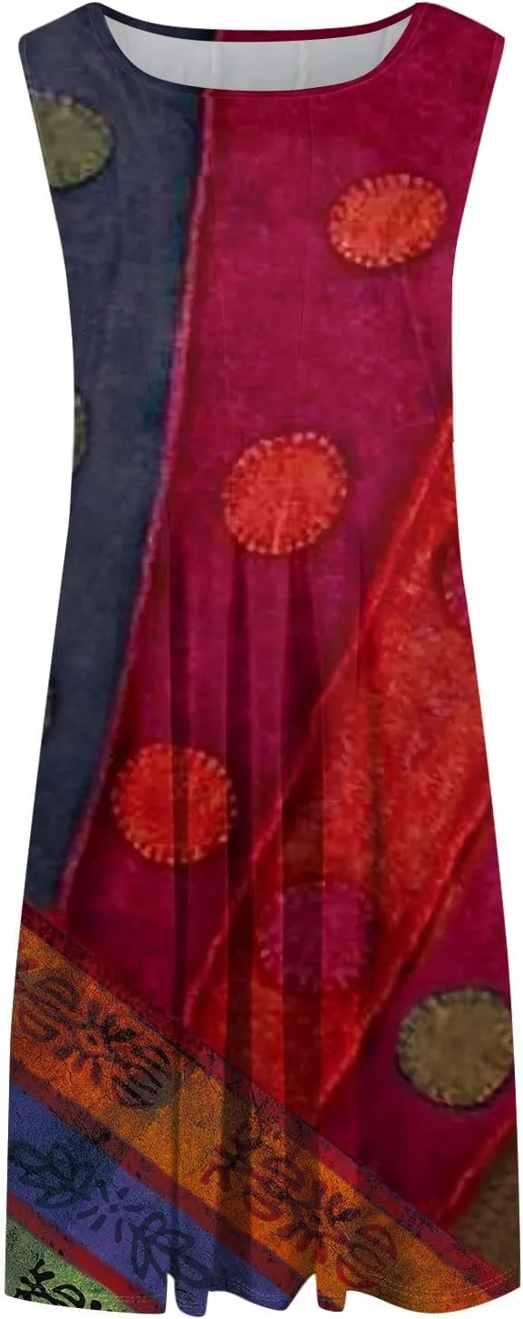 Boho Dress Summer Tank Top Dresses Sun Dresses Smocked Sleeveless Floral Dress Elegant Ruched Midi with Pocket