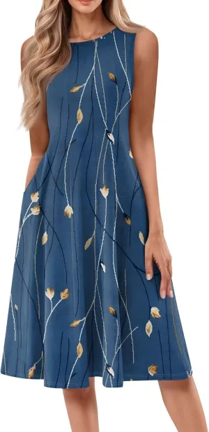 Boho Dress Summer Tank Top Dresses Sun Dresses Smocked Sleeveless Floral Dress Elegant Ruched Midi with Pocket