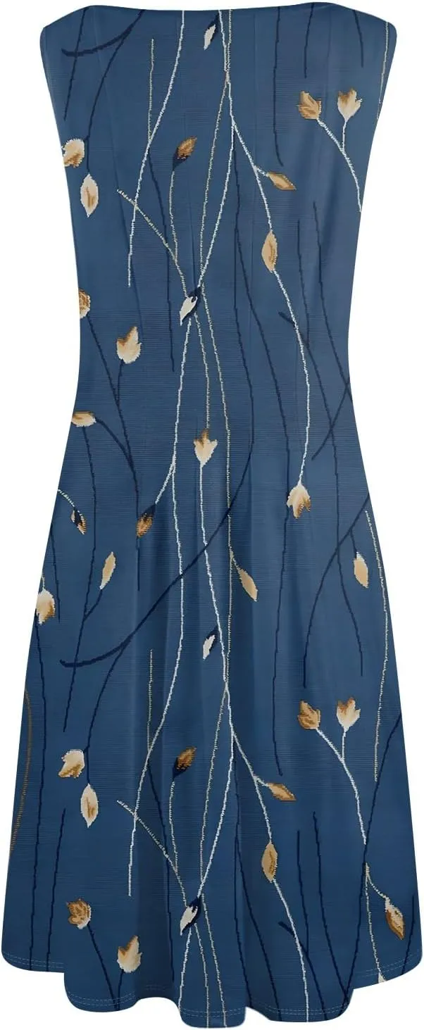 Boho Dress Summer Tank Top Dresses Sun Dresses Smocked Sleeveless Floral Dress Elegant Ruched Midi with Pocket