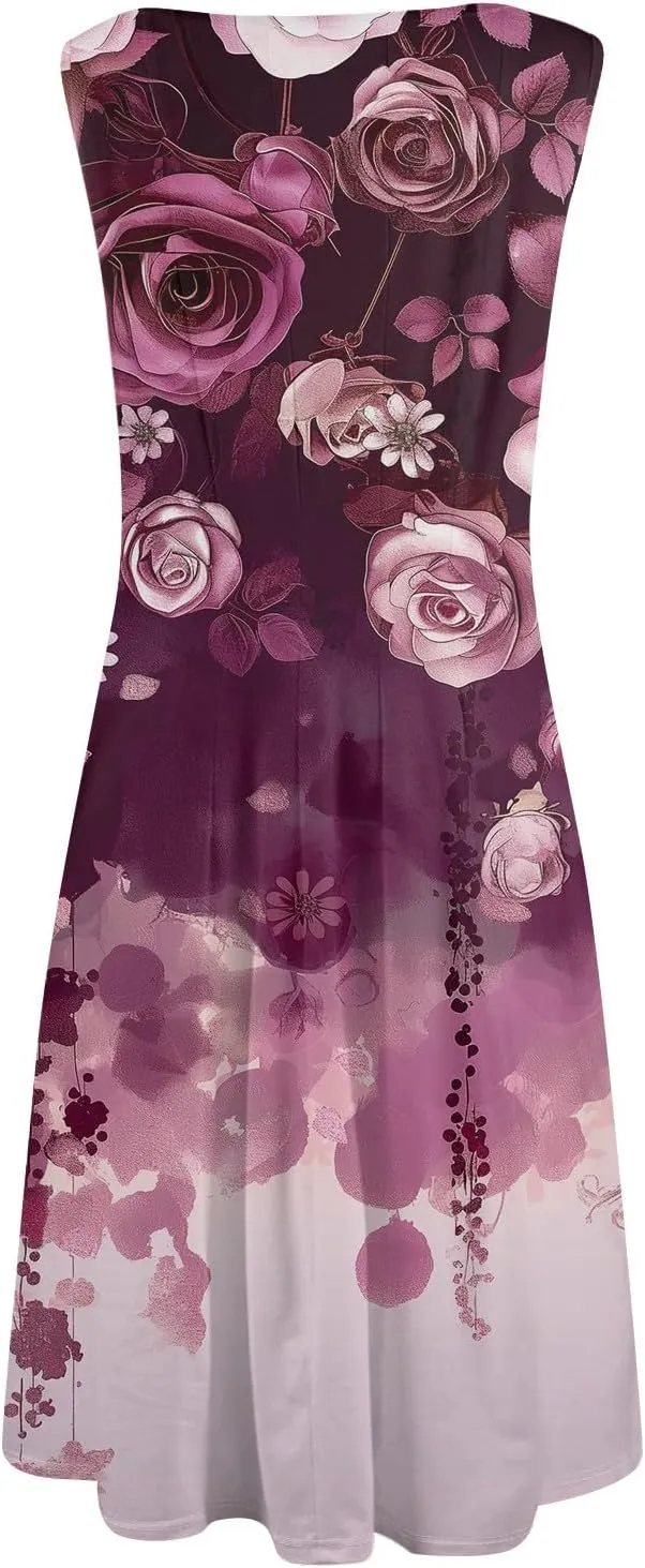 Boho Dress Summer Tank Top Dresses Sun Dresses Smocked Sleeveless Floral Dress Elegant Ruched Midi with Pocket