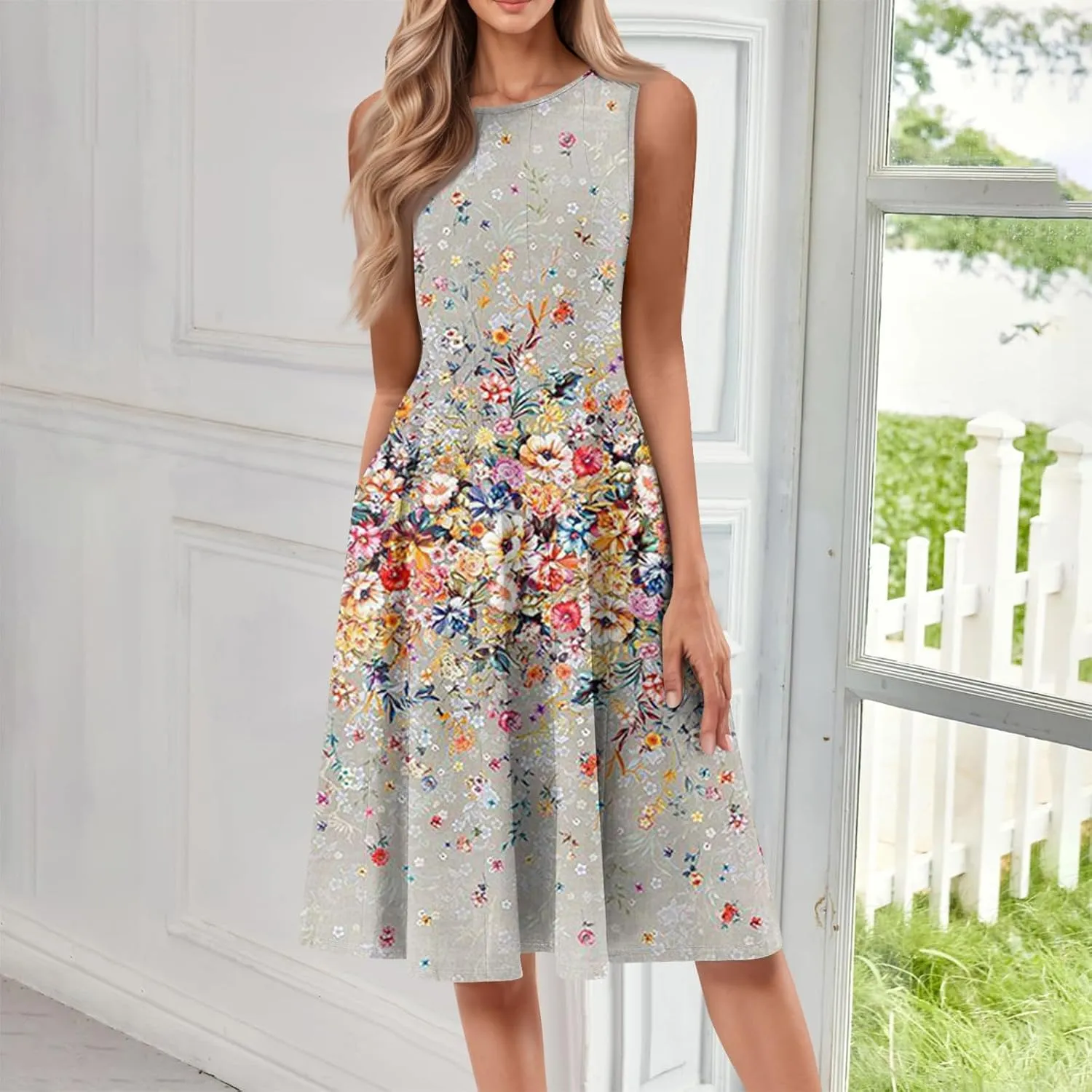 Boho Dress Summer Tank Top Dresses Sun Dresses Smocked Sleeveless Floral Dress Elegant Ruched Midi with Pocket