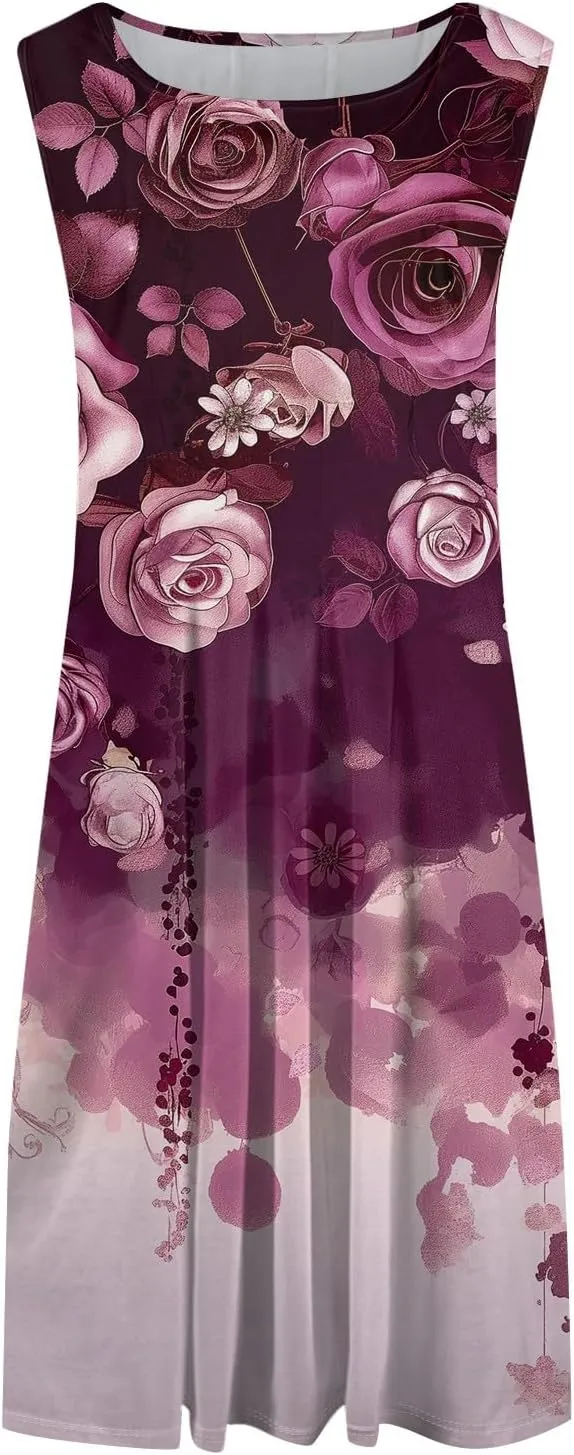 Boho Dress Summer Tank Top Dresses Sun Dresses Smocked Sleeveless Floral Dress Elegant Ruched Midi with Pocket