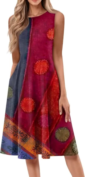 Boho Dress Summer Tank Top Dresses Sun Dresses Smocked Sleeveless Floral Dress Elegant Ruched Midi with Pocket