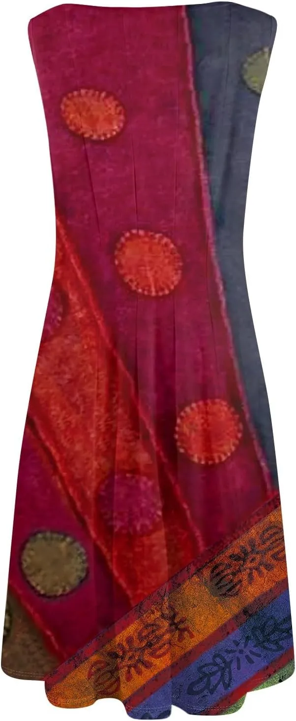 Boho Dress Summer Tank Top Dresses Sun Dresses Smocked Sleeveless Floral Dress Elegant Ruched Midi with Pocket
