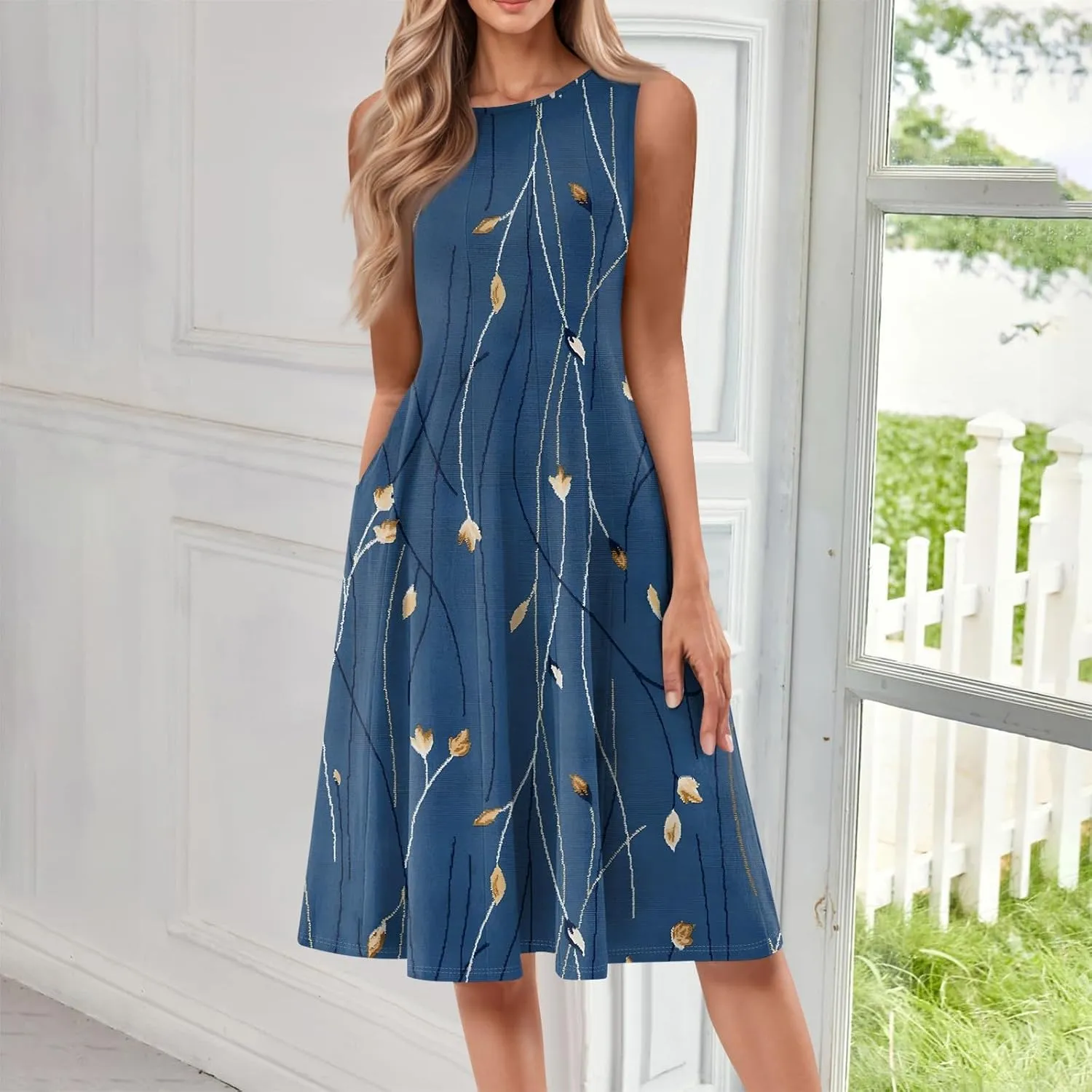 Boho Dress Summer Tank Top Dresses Sun Dresses Smocked Sleeveless Floral Dress Elegant Ruched Midi with Pocket