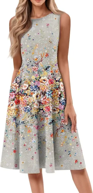 Boho Dress Summer Tank Top Dresses Sun Dresses Smocked Sleeveless Floral Dress Elegant Ruched Midi with Pocket