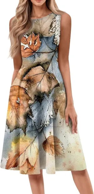 Boho Dress Summer Tank Top Dresses Sun Dresses Smocked Sleeveless Floral Dress Elegant Ruched Midi with Pocket