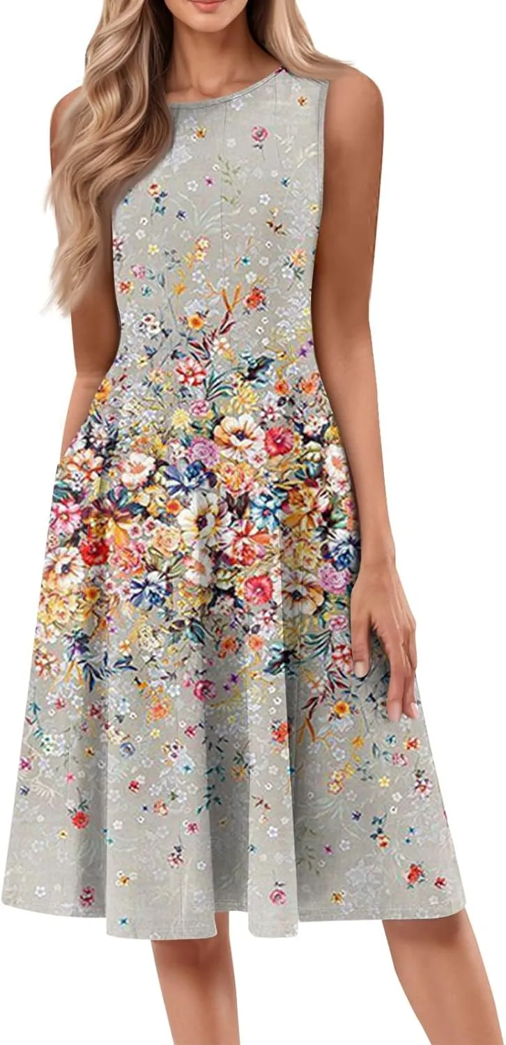 Boho Dress Summer Tank Top Dresses Sun Dresses Smocked Sleeveless Floral Dress Elegant Ruched Midi with Pocket