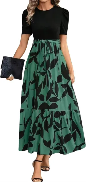 Boho Dresses for Women 2025 Floral Print Belted Patchwork Empire Waist Short Seleeve Maxi Dress