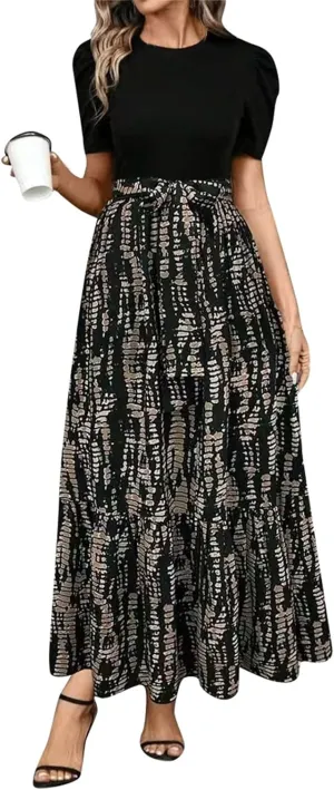 Boho Dresses for Women 2025 Floral Print Belted Patchwork Empire Waist Short Seleeve Maxi Dress