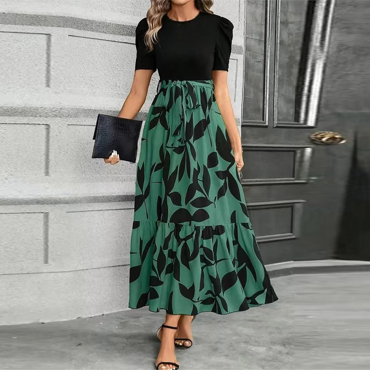 Boho Dresses for Women 2025 Floral Print Belted Patchwork Empire Waist Short Seleeve Maxi Dress
